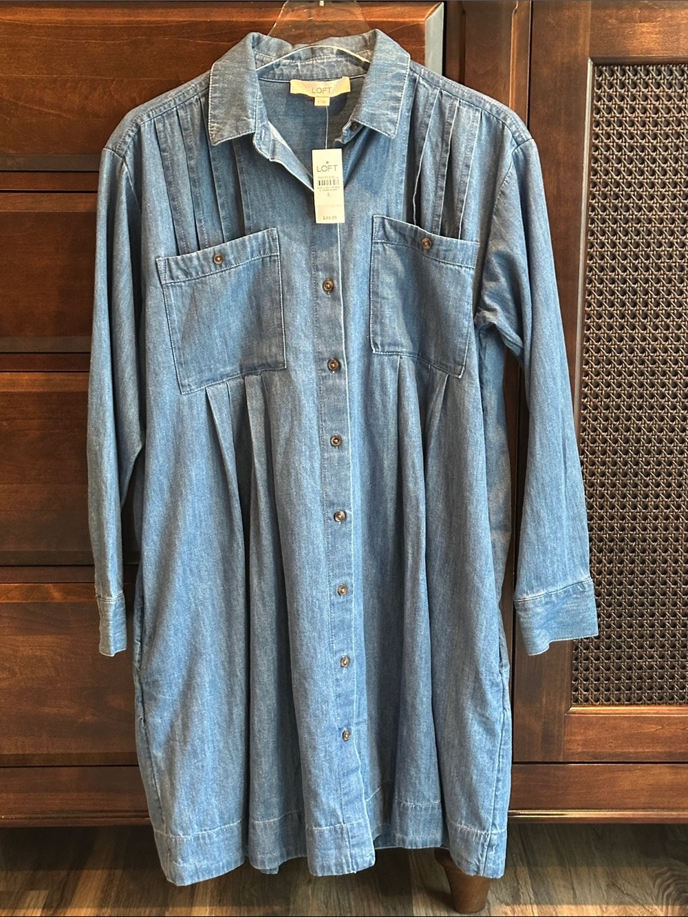 LOFT Denim Chambray Pleated Mini Pocket Button Front Dress Blue SMALL NEW W/TAGS